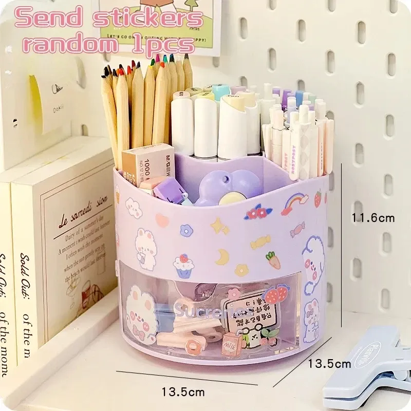 Porte-stylo rotatif mignon à tiroir, boîte de rangement pour papeterie, organisateur de bureau kawaii pour école 8