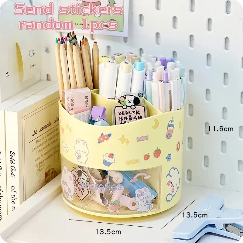 Porte-stylo rotatif mignon à tiroir, boîte de rangement pour papeterie, organisateur de bureau kawaii pour école 11