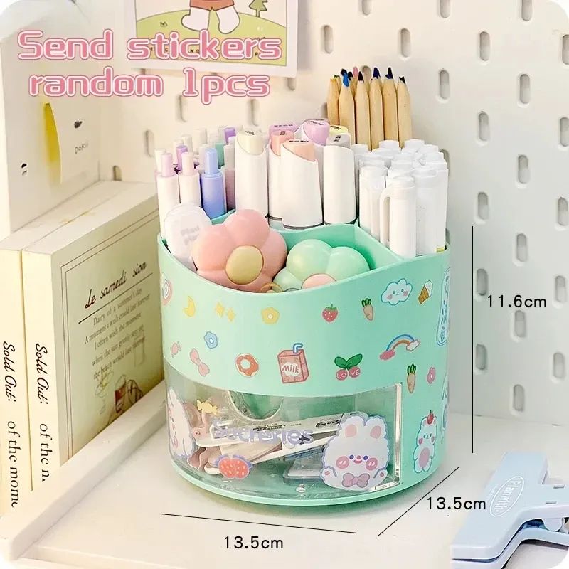 Porte-stylo rotatif mignon à tiroir, boîte de rangement pour papeterie, organisateur de bureau kawaii pour école 10