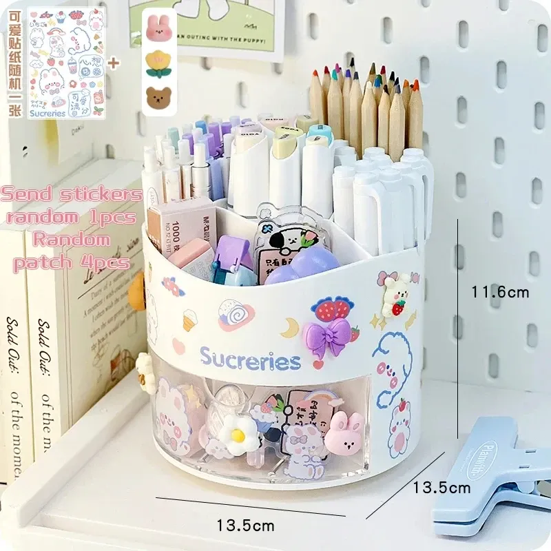 Porte-stylo rotatif mignon à tiroir, boîte de rangement pour papeterie, organisateur de bureau kawaii pour école 13