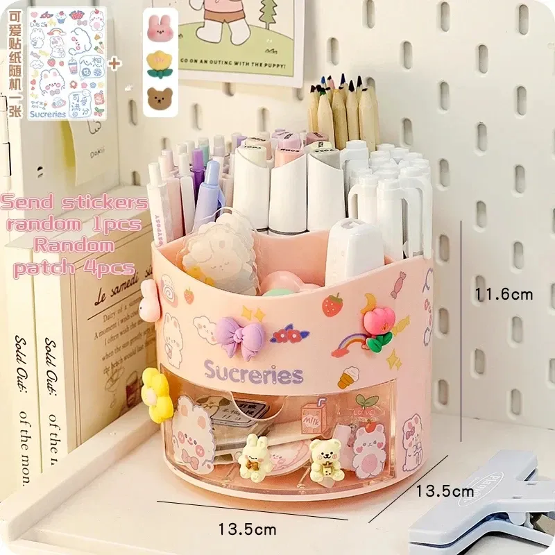 Porte-stylo rotatif mignon à tiroir, boîte de rangement pour papeterie, organisateur de bureau kawaii pour école 12