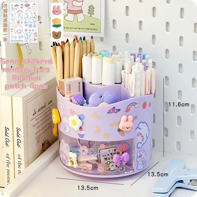 Porte-stylo rotatif mignon à tiroir, boîte de rangement pour papeterie, organisateur de bureau kawaii pour école 15