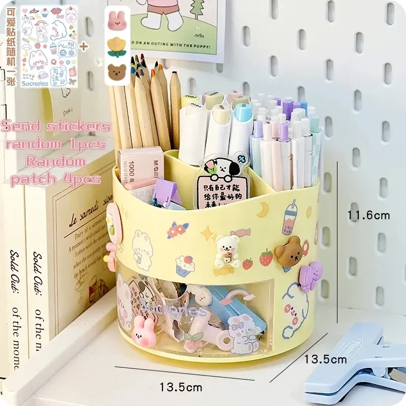 Porte-stylo rotatif mignon à tiroir, boîte de rangement pour papeterie, organisateur de bureau kawaii pour école 14