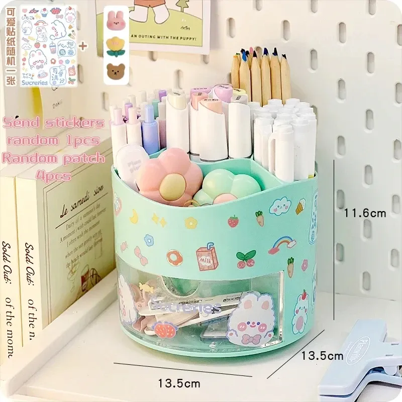 Porte-stylo rotatif mignon à tiroir, boîte de rangement pour papeterie, organisateur de bureau kawaii pour école 6