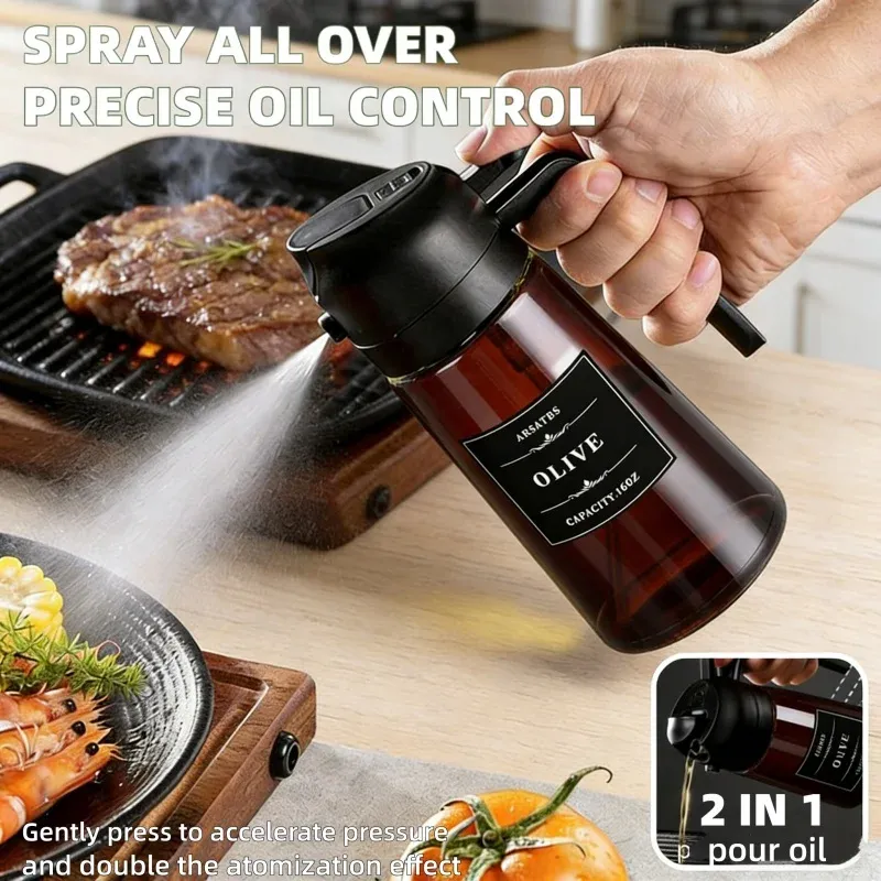 Distributeur d'huile d'olive 470 ml 2-en-1 (pulvérisateur et verseur) en verre épais, anti-fuite, écologique, pour la cuisson