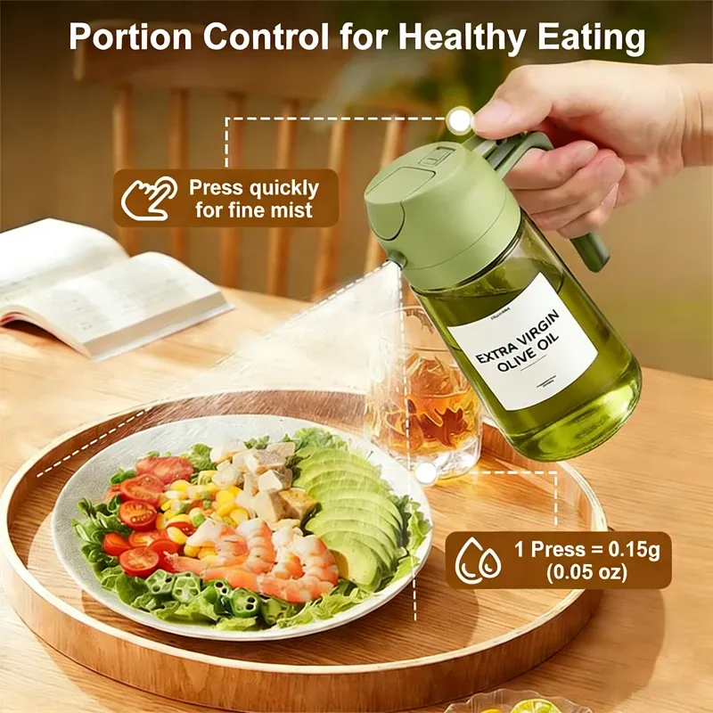 Distributeur d'huile d'olive 470 ml 2-en-1 (pulvérisateur et verseur) en verre épais, anti-fuite, écologique, pour la cuisson 3