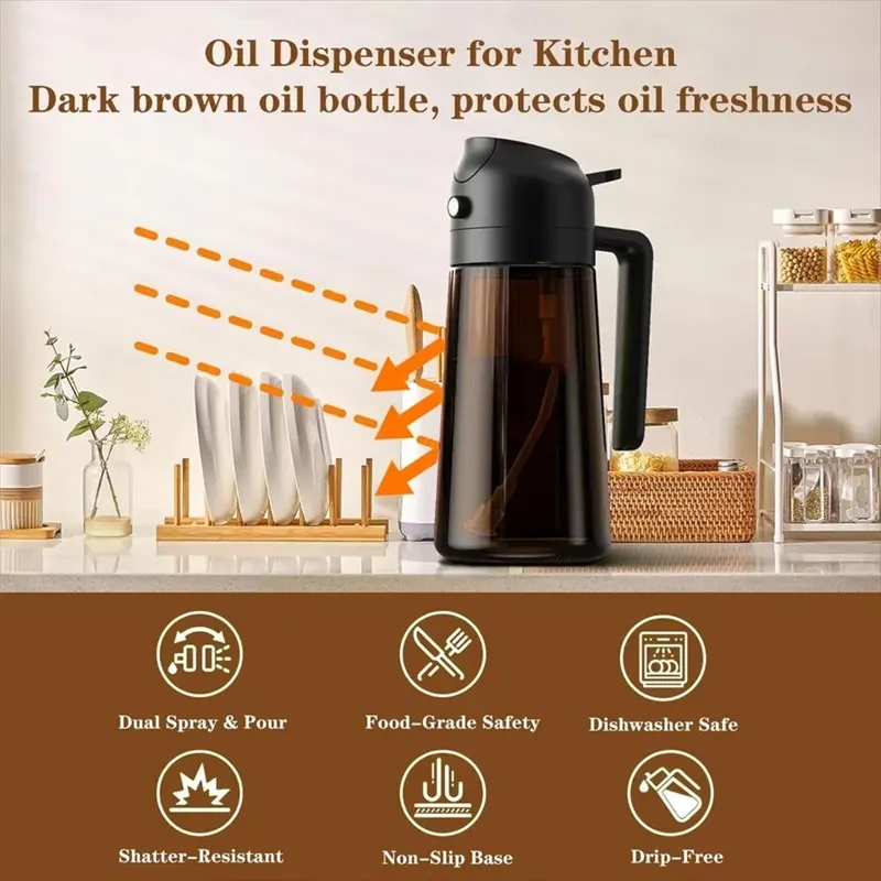 Distributeur d'huile d'olive 470 ml 2-en-1 (pulvérisateur et verseur) en verre épais, anti-fuite, écologique, pour la cuisson 2