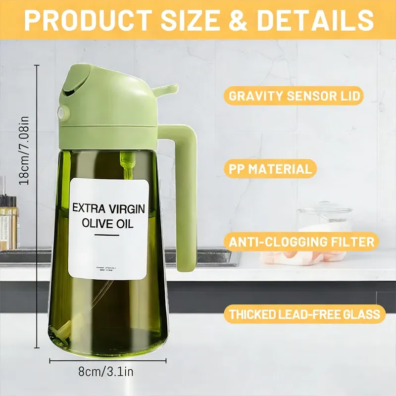 Distributeur d'huile d'olive 470 ml 2-en-1 (pulvérisateur et verseur) en verre épais, anti-fuite, écologique, pour la cuisson 6