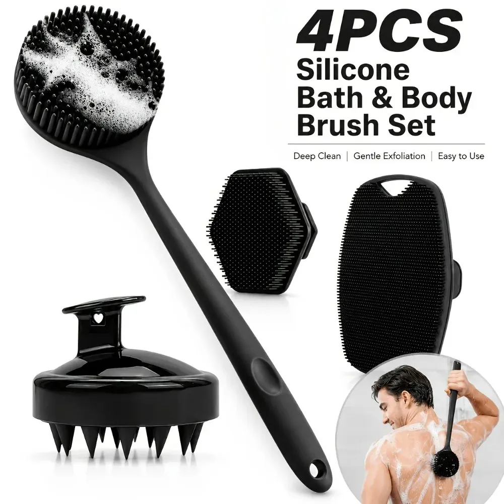 Lot de 2, 3 ou 4 brosses de douche en silicone à long manche pour le dos, massage du cuir chevelu et exfoliation douce - Image 1