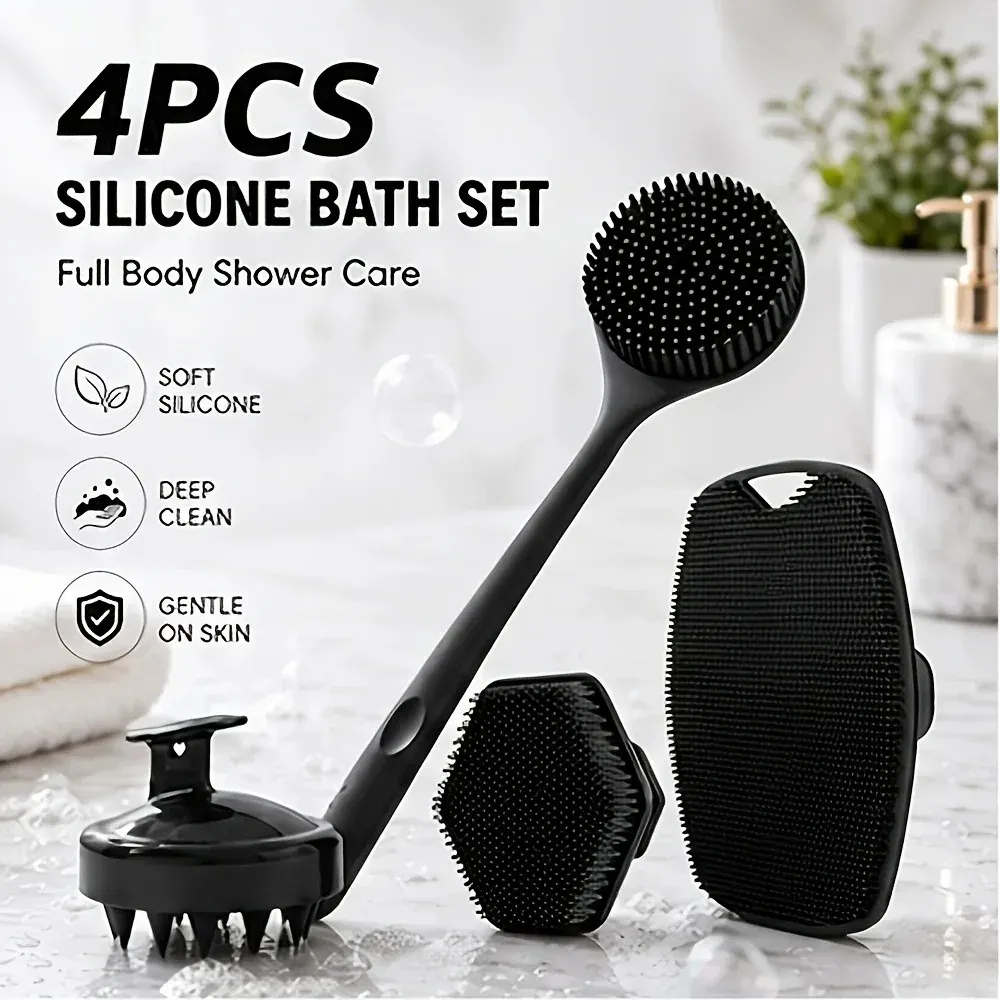Lot de 2, 3 ou 4 brosses de douche en silicone à long manche pour le dos, massage du cuir chevelu et exfoliation douce 5