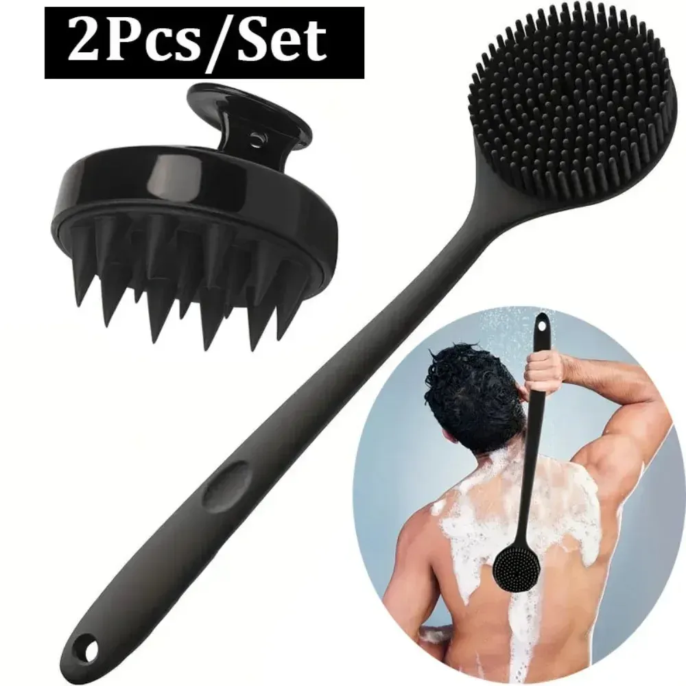Lot de 2, 3 ou 4 brosses de douche en silicone à long manche pour le dos, massage du cuir chevelu et exfoliation douce 11