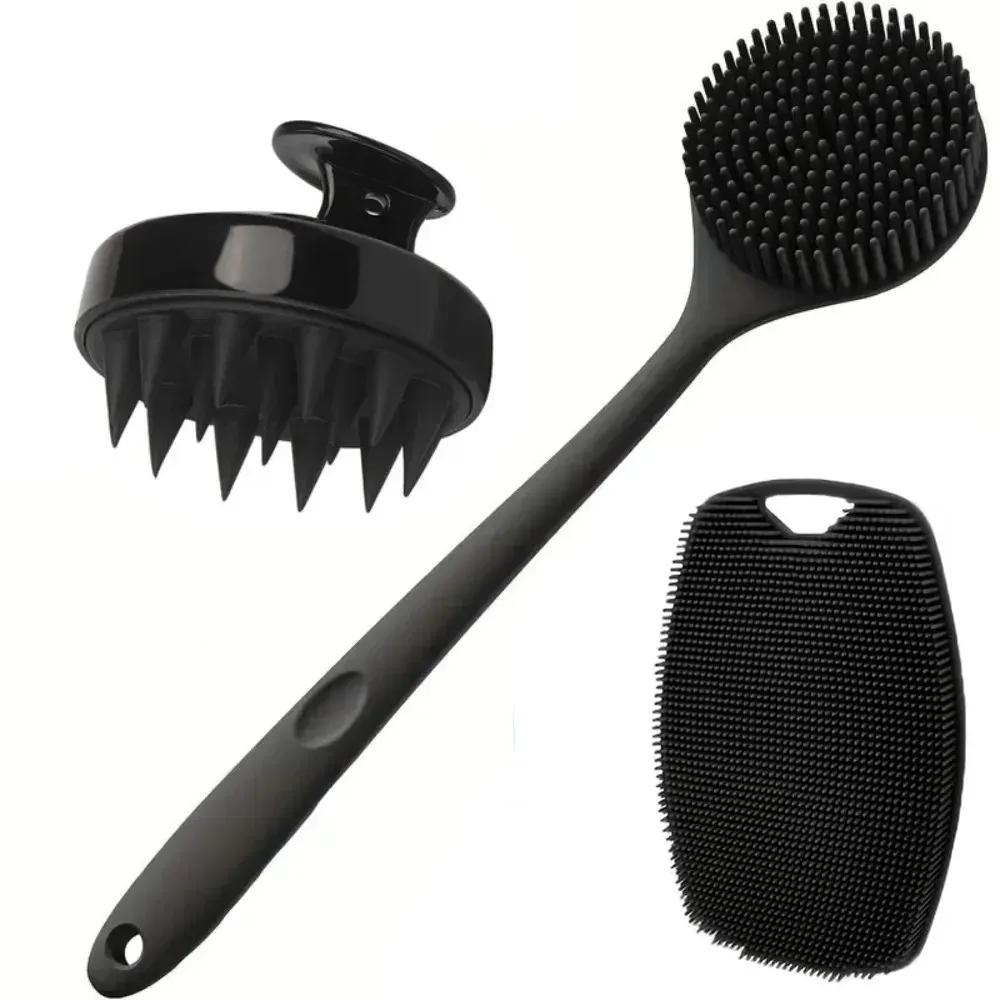 Lot de 2, 3 ou 4 brosses de douche en silicone à long manche pour le dos, massage du cuir chevelu et exfoliation douce 7