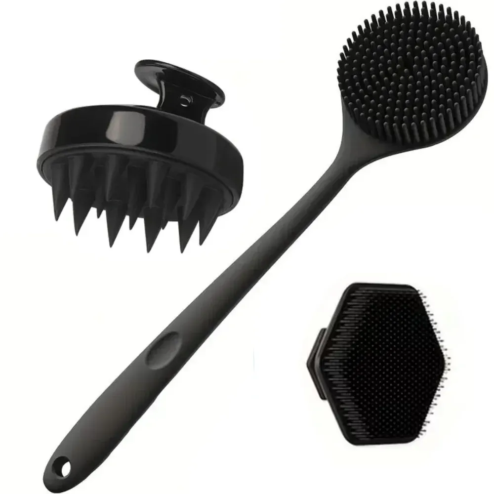 Lot de 2, 3 ou 4 brosses de douche en silicone à long manche pour le dos, massage du cuir chevelu et exfoliation douce 8