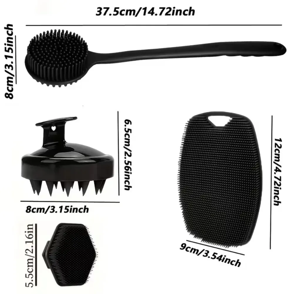 Lot de 2, 3 ou 4 brosses de douche en silicone à long manche pour le dos, massage du cuir chevelu et exfoliation douce 9