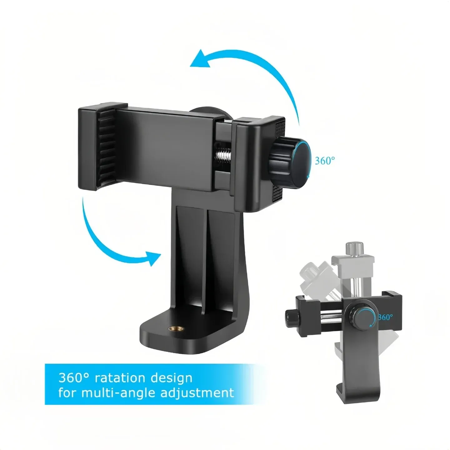Support universel pour trépied avec pince pour téléphone portable, rotation à 360°, filetage 1/4 de pouce, compatible iPhone et Samsung