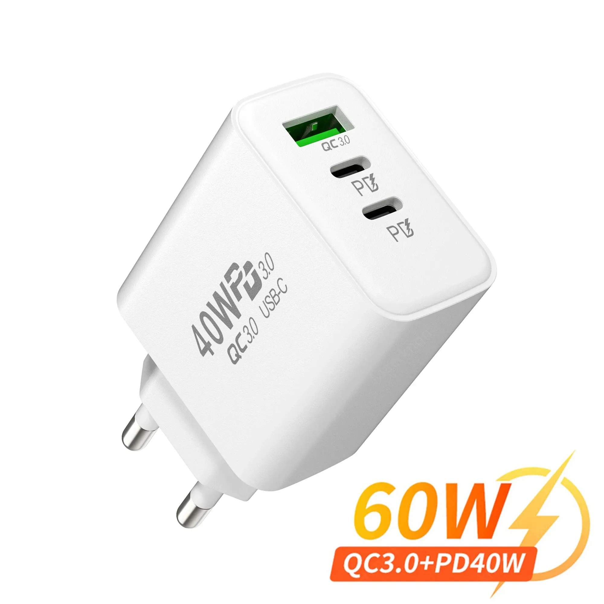 Chargeur mural USB-C PD 60W à charge rapide, 3 ports, prise UE/US, compatible iPhone 14/13, Xiaomi, Huawei, Samsung