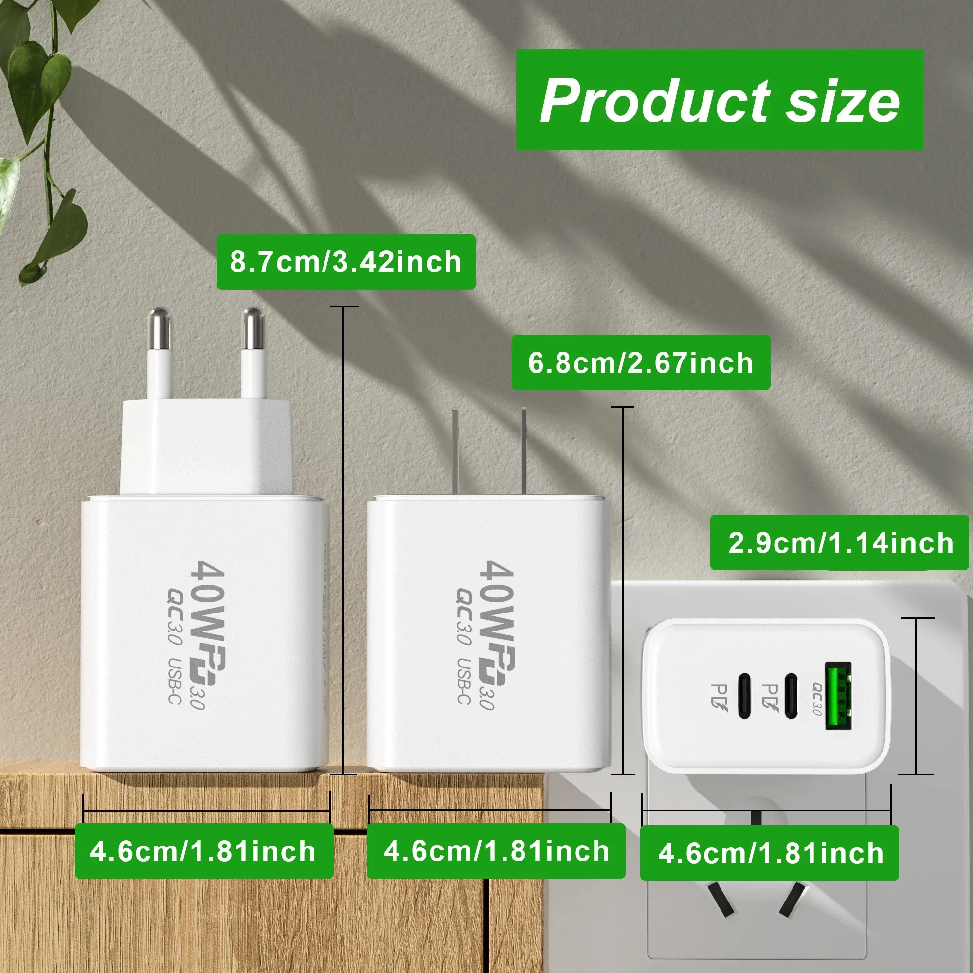 Chargeur mural USB-C PD 60W à charge rapide, 3 ports, prise UE/US, compatible iPhone 14/13, Xiaomi, Huawei, Samsung 5
