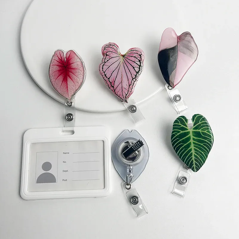 Porte-badge rétractable à motif feuilles tropicales pour cartes nominatives et badges 2