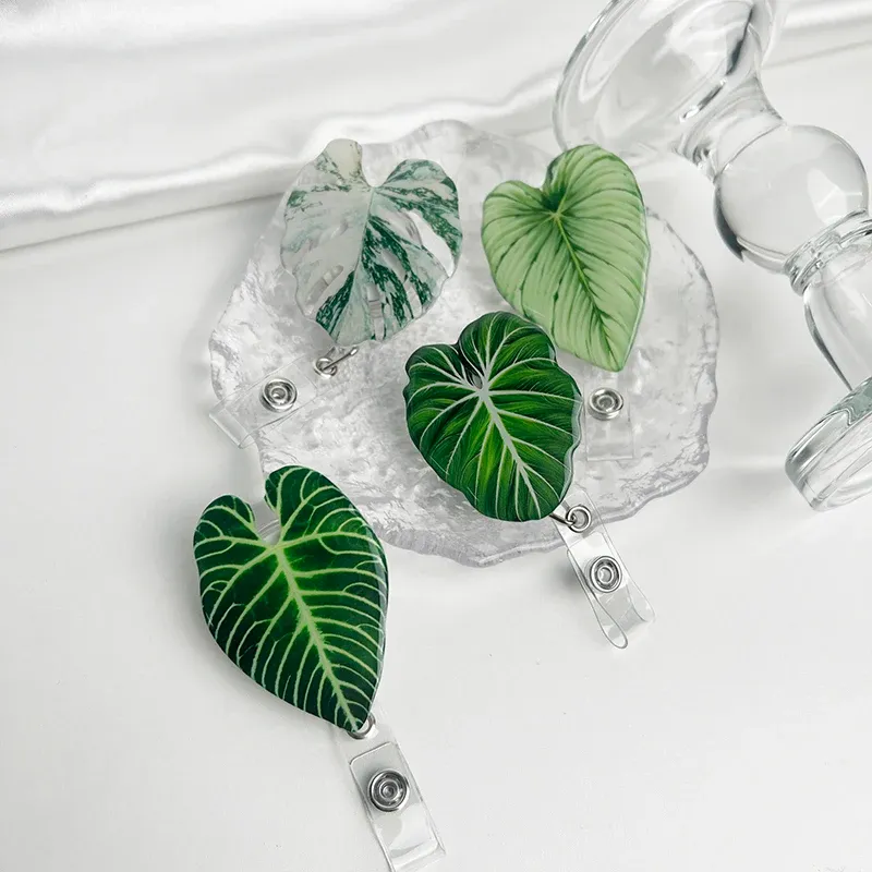 Porte-badge rétractable à motif feuilles tropicales pour cartes nominatives et badges 3