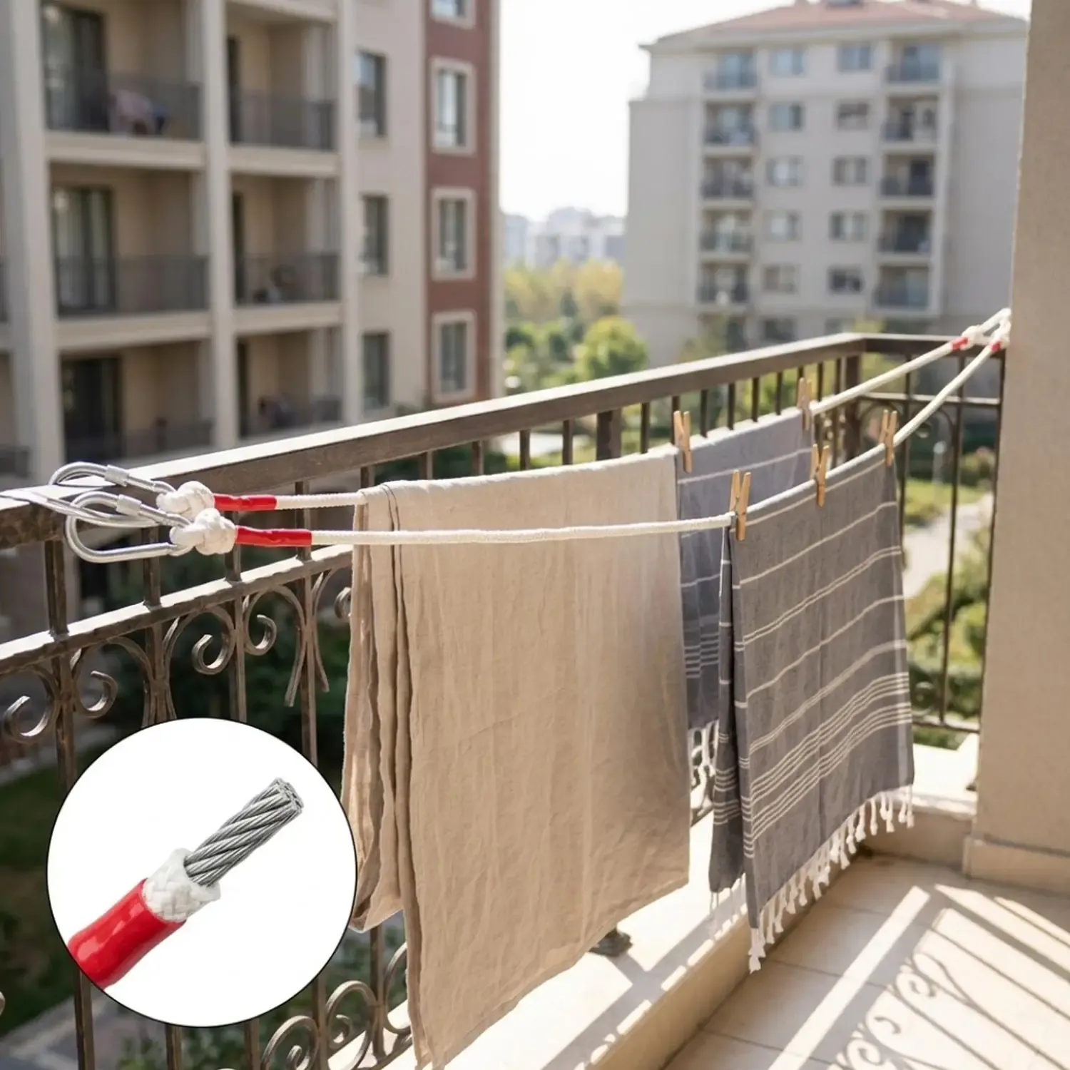 Corde à linge robuste en fil d'acier avec mousquetons inox, pour le séchage du linge au camping et en déplacement 4