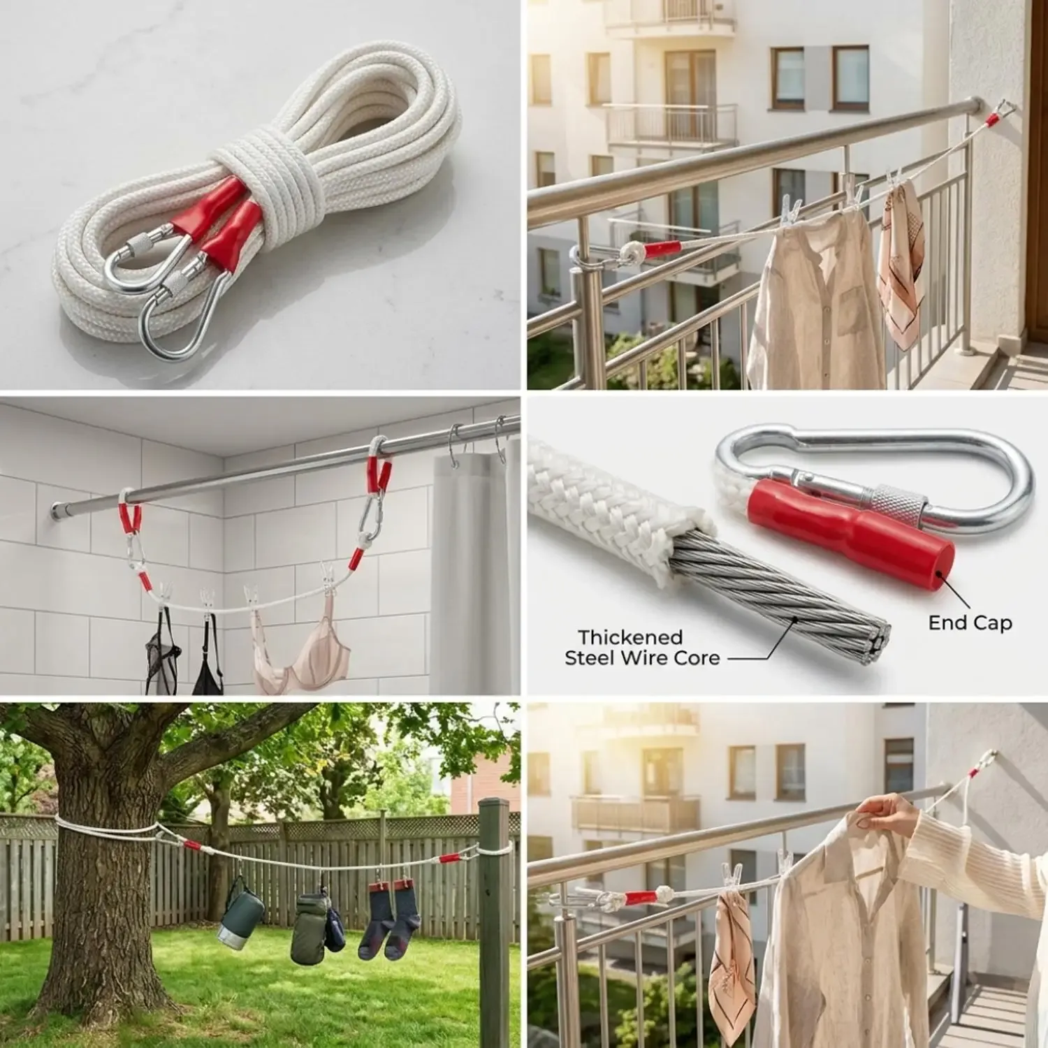 Corde à linge robuste en fil d'acier avec mousquetons inox, pour le séchage du linge au camping et en déplacement 6