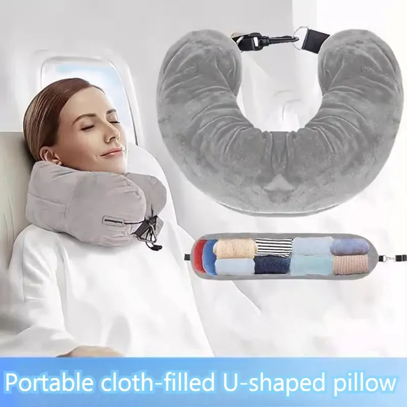 Oreiller cervical de voyage rechargeable en forme de U avec housse en velours et sac de rangement, pour avion, voiture et bureau