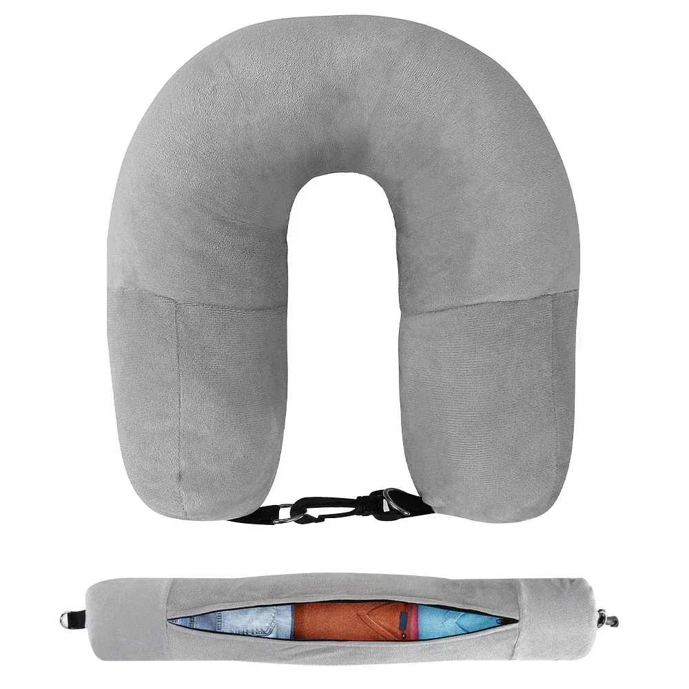 Oreiller cervical de voyage rechargeable en forme de U avec housse en velours et sac de rangement, pour avion, voiture et bureau 9
