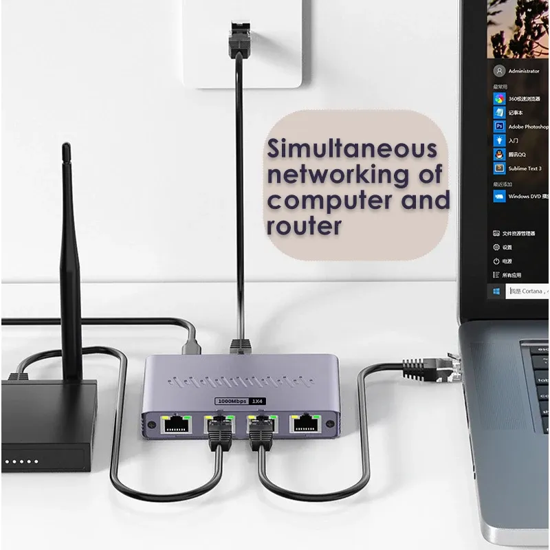 Répartiteur Ethernet 1 vers 4, détail des ports