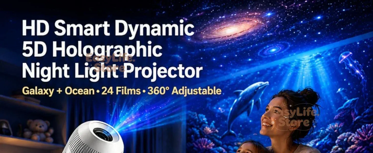 Projecteur galaxie et veilleuse 5D en ambiance chambre