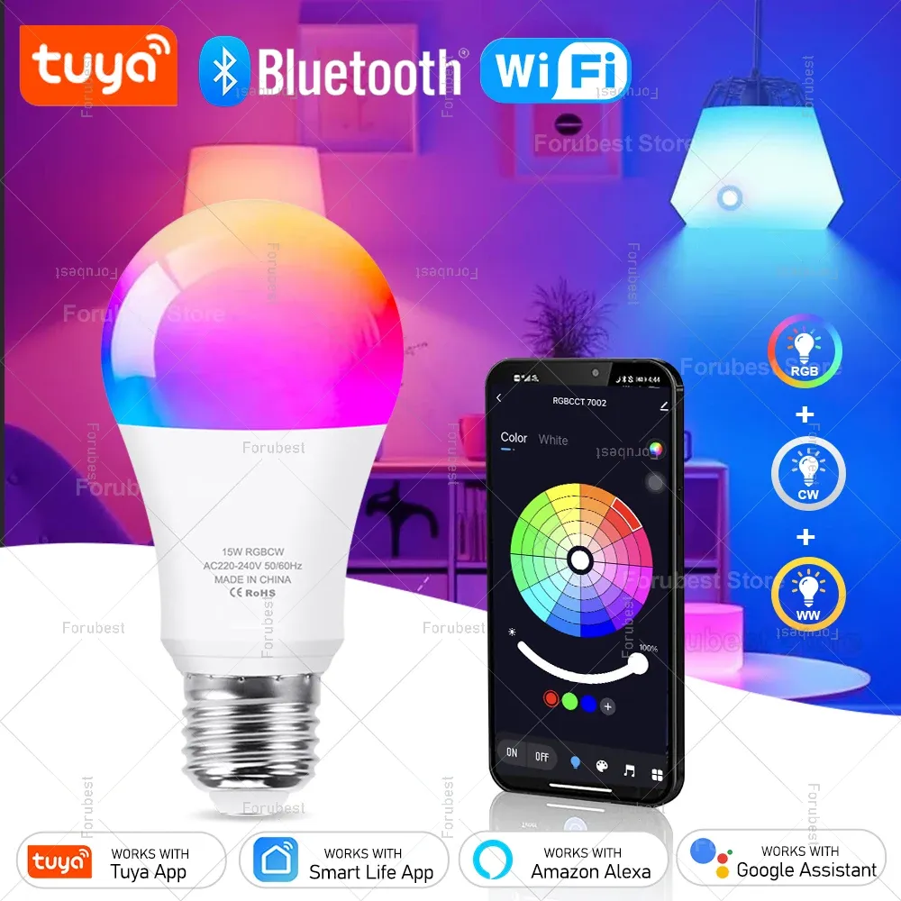 Tuya – Ampoule LED intelligente E27 RGB CW 15 W / 20 W, WiFi, Bluetooth, éclairage décoratif pour la maison, 220 V / 110 V, compatible Alexa, Amazon et Google Voice