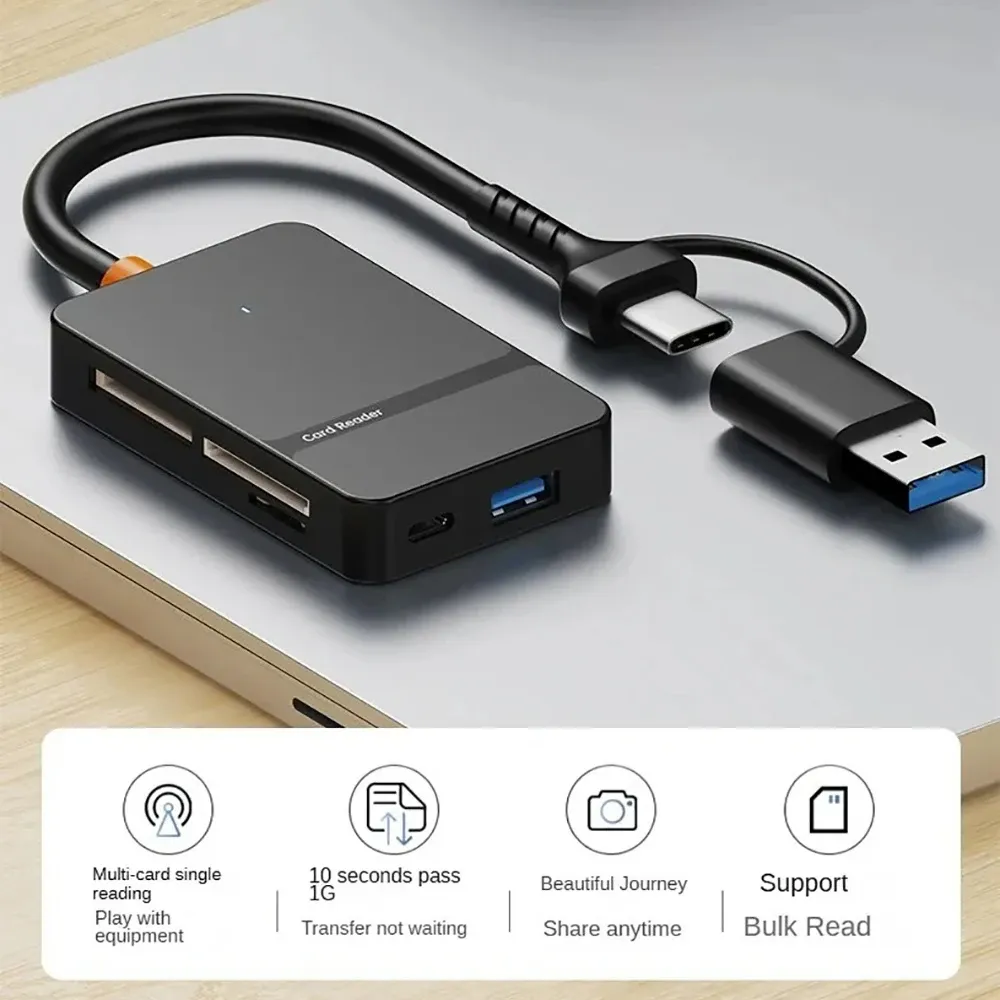 Lecteur de carte USB-C 8 en 1, lecteur multifonction compatible SD/TF/CF/MS, transfert de données jusqu'à 5 Gbps, adaptateur de carte flash 3