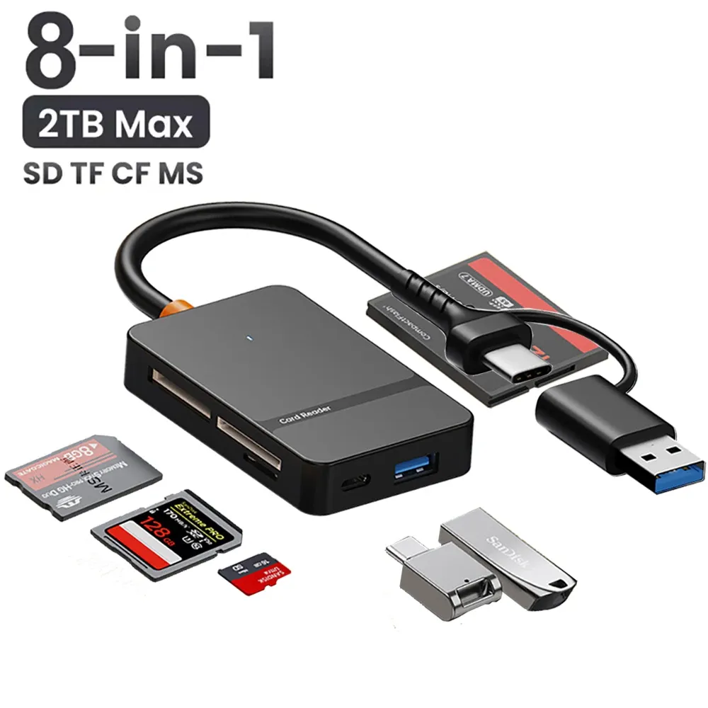 Lecteur de carte USB-C 8 en 1, lecteur multifonction compatible SD/TF/CF/MS, transfert de données jusqu'à 5 Gbps, adaptateur de carte flash