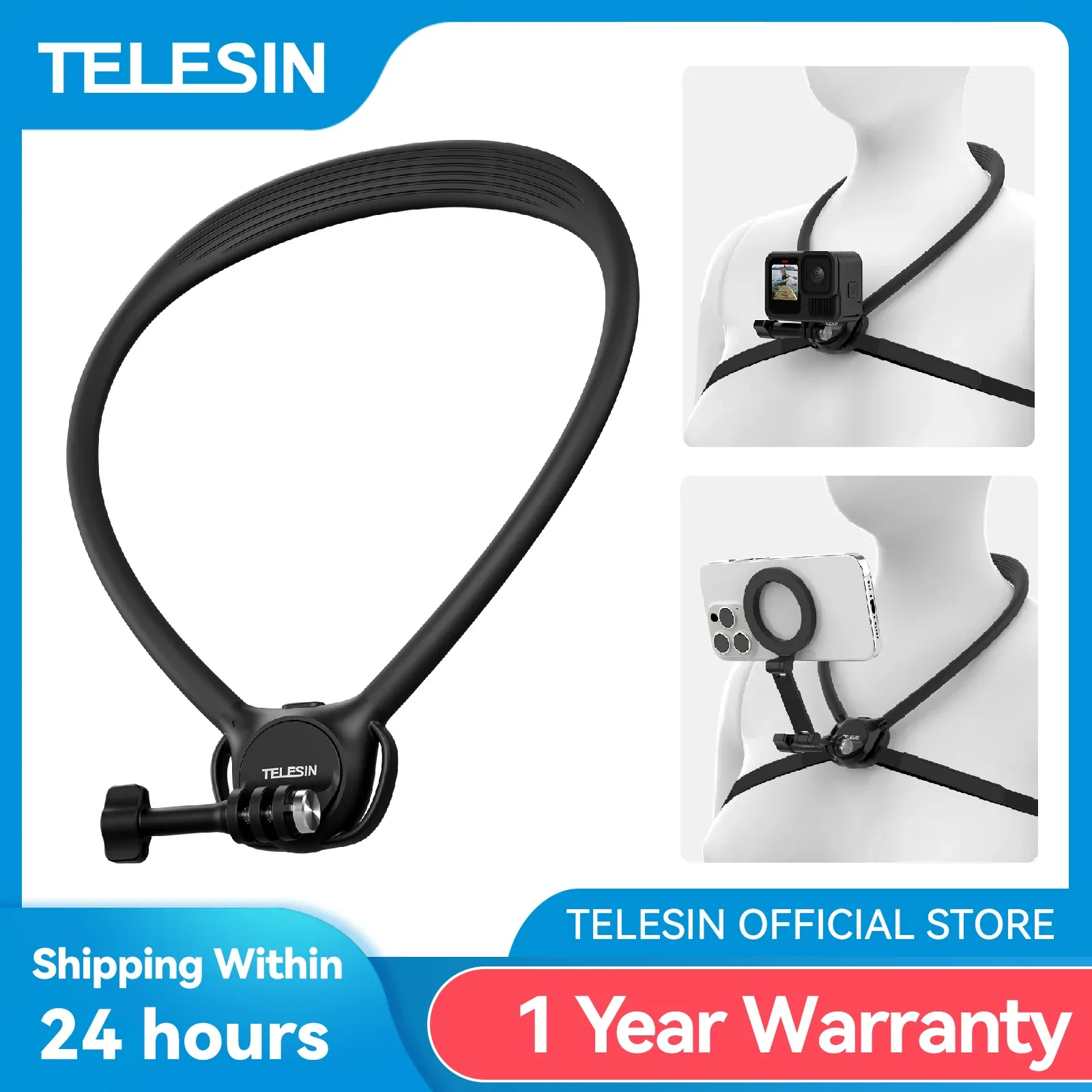 Support de cou TELESIN 2 en 1 pour téléphone et caméra d'action, compatible GoPro, Insta360, DJI Osmo Action et caméras d'action universelles - Image 1