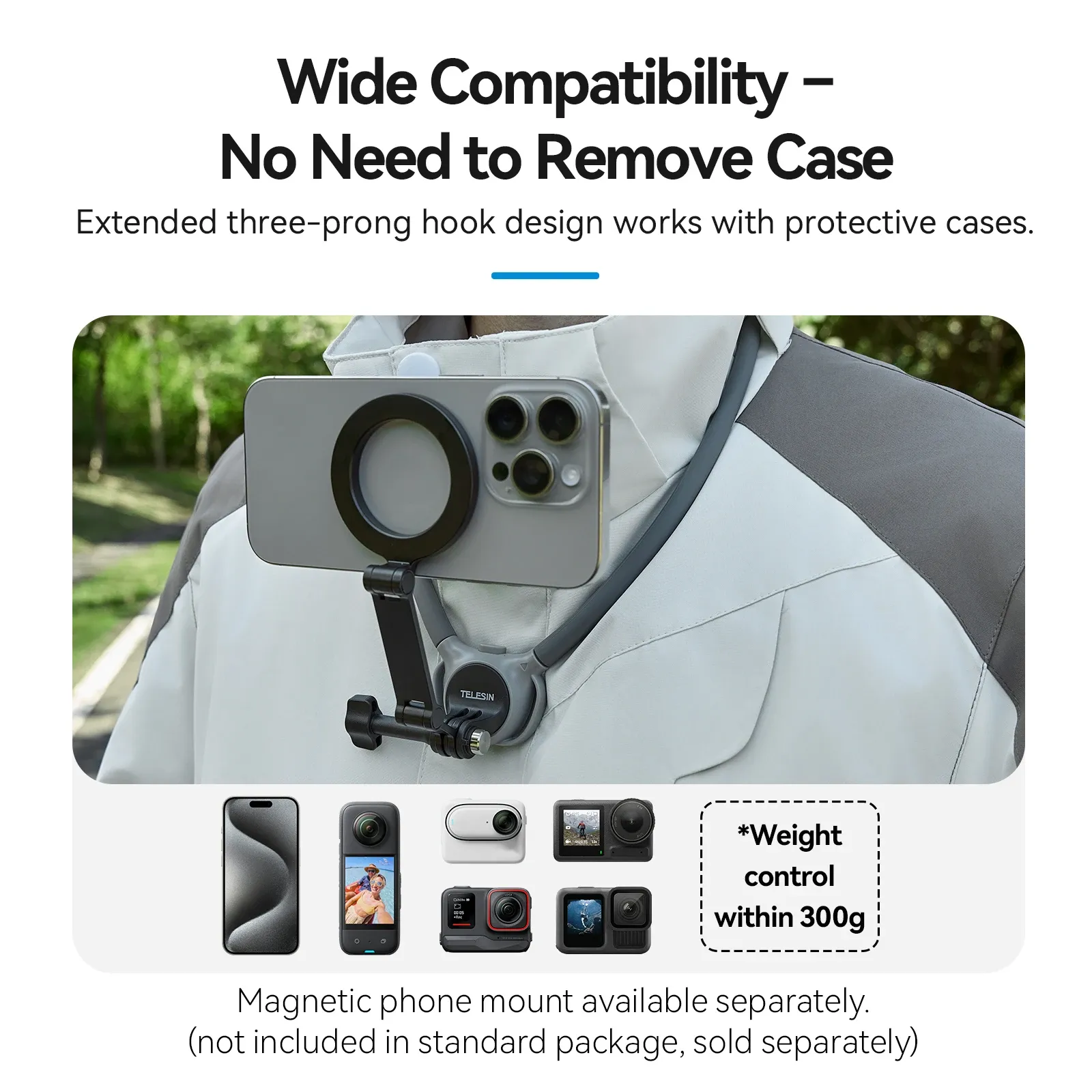 Support de cou TELESIN 2 en 1 pour téléphone et caméra d'action, compatible GoPro, Insta360, DJI Osmo Action et caméras d'action universelles 5