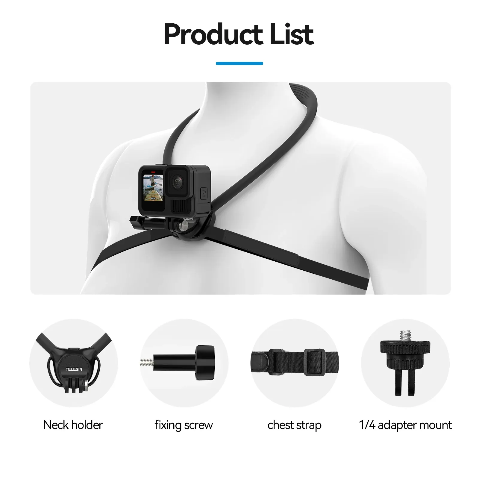 Support de cou TELESIN 2 en 1 pour téléphone et caméra d'action, compatible GoPro, Insta360, DJI Osmo Action et caméras d'action universelles 8