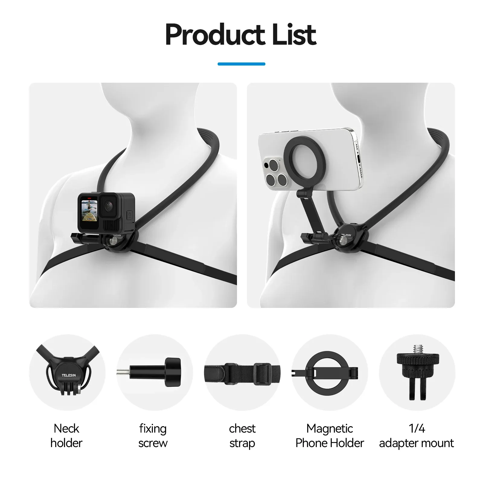 Support de cou TELESIN 2 en 1 pour téléphone et caméra d'action, compatible GoPro, Insta360, DJI Osmo Action et caméras d'action universelles 7