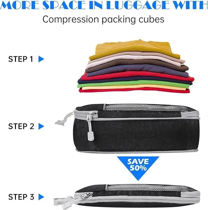 Ensemble de cubes d'emballage compressibles avec sac de voyage en maille extensible 3