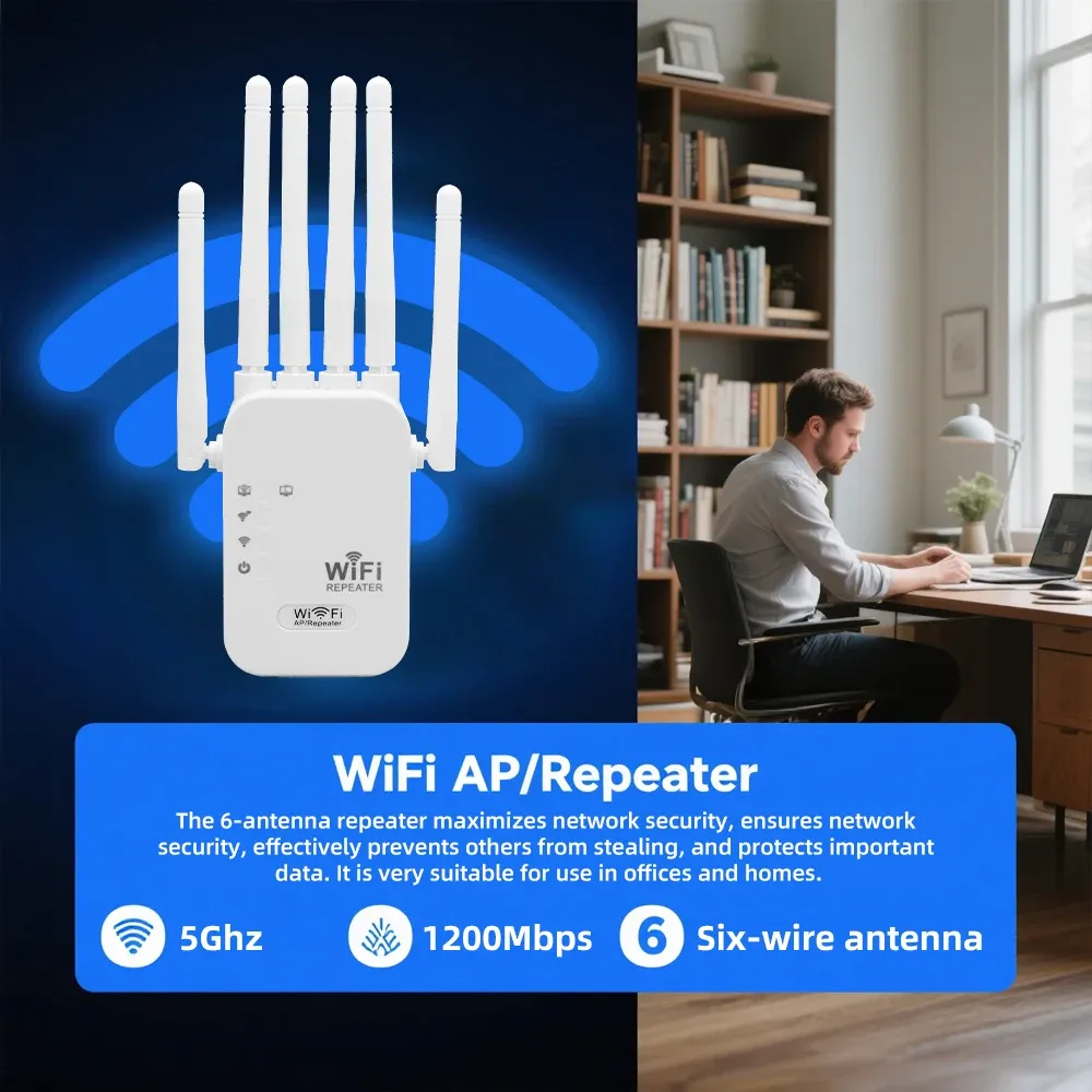 Répéteur WiFi 1200 Mbps, amplificateur de signal sans fil, double bande 2,4 GHz/5 GHz, couverture à 360° pour la maison et le bureau 3
