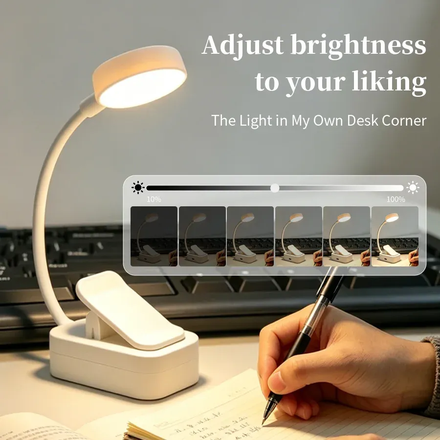Lampe de lecture LED rechargeable à pince, col de cygne flexible, 3 niveaux de luminosité 2