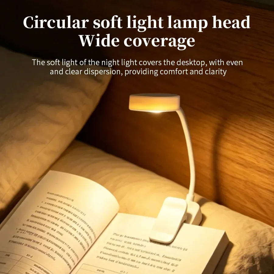 Lampe de lecture LED rechargeable à pince, col de cygne flexible, 3 niveaux de luminosité 3
