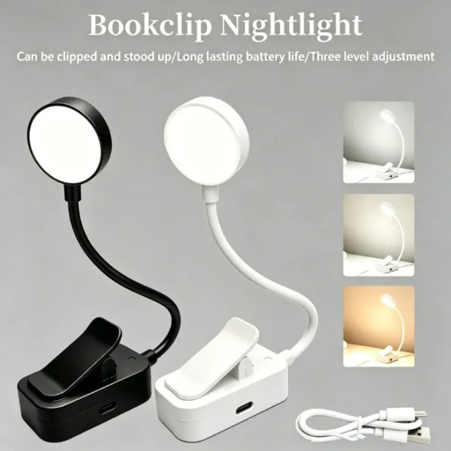 Lampe de lecture LED rechargeable à pince, col de cygne flexible, 3 niveaux de luminosité 1