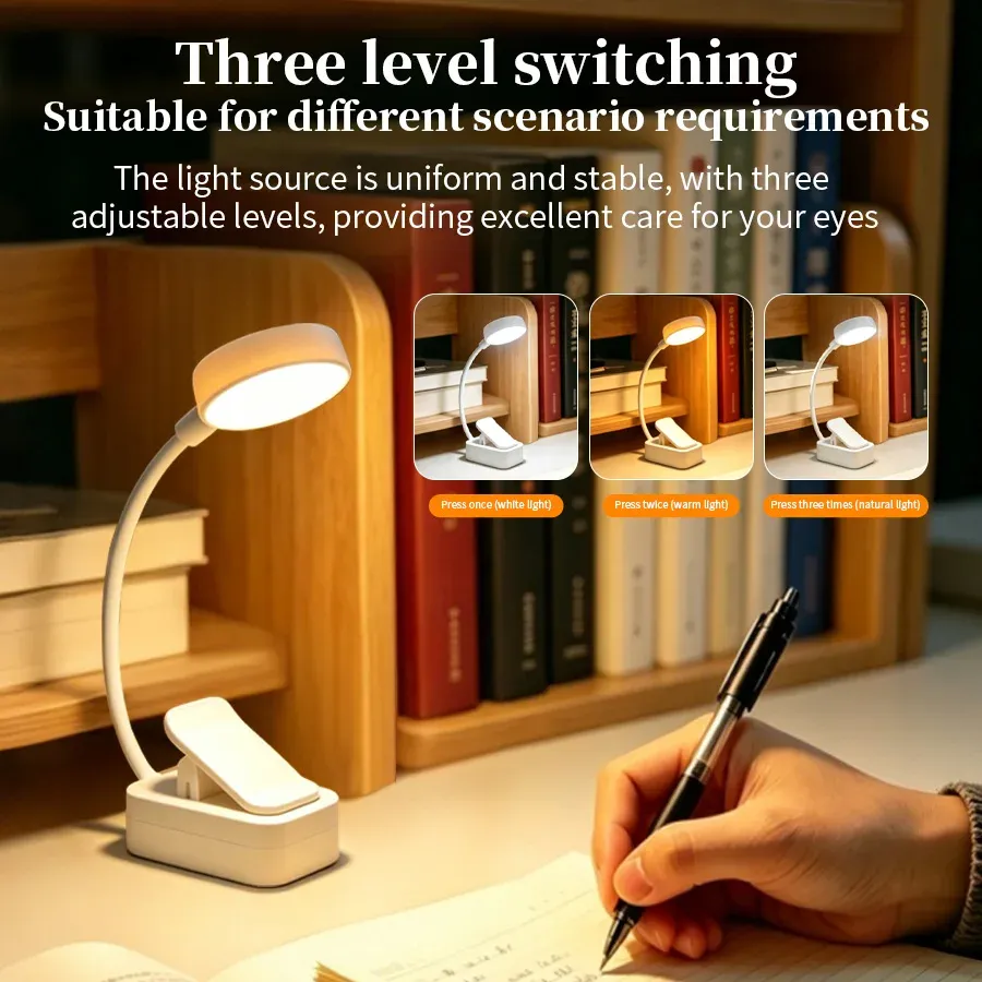 Lampe de lecture LED rechargeable à pince, col de cygne flexible, 3 niveaux de luminosité 4