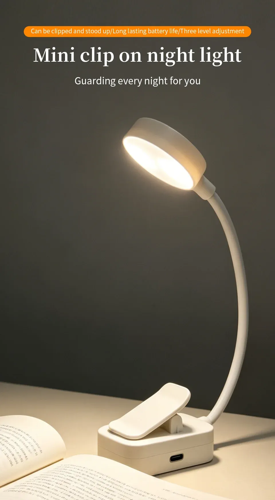 Lampe de lecture rechargeable à clipser en situation d'utilisation