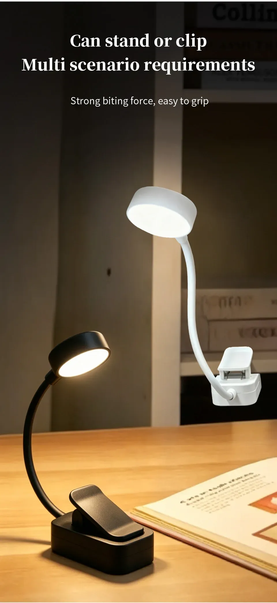 Lampe de lecture clipsée sur une surface de travail