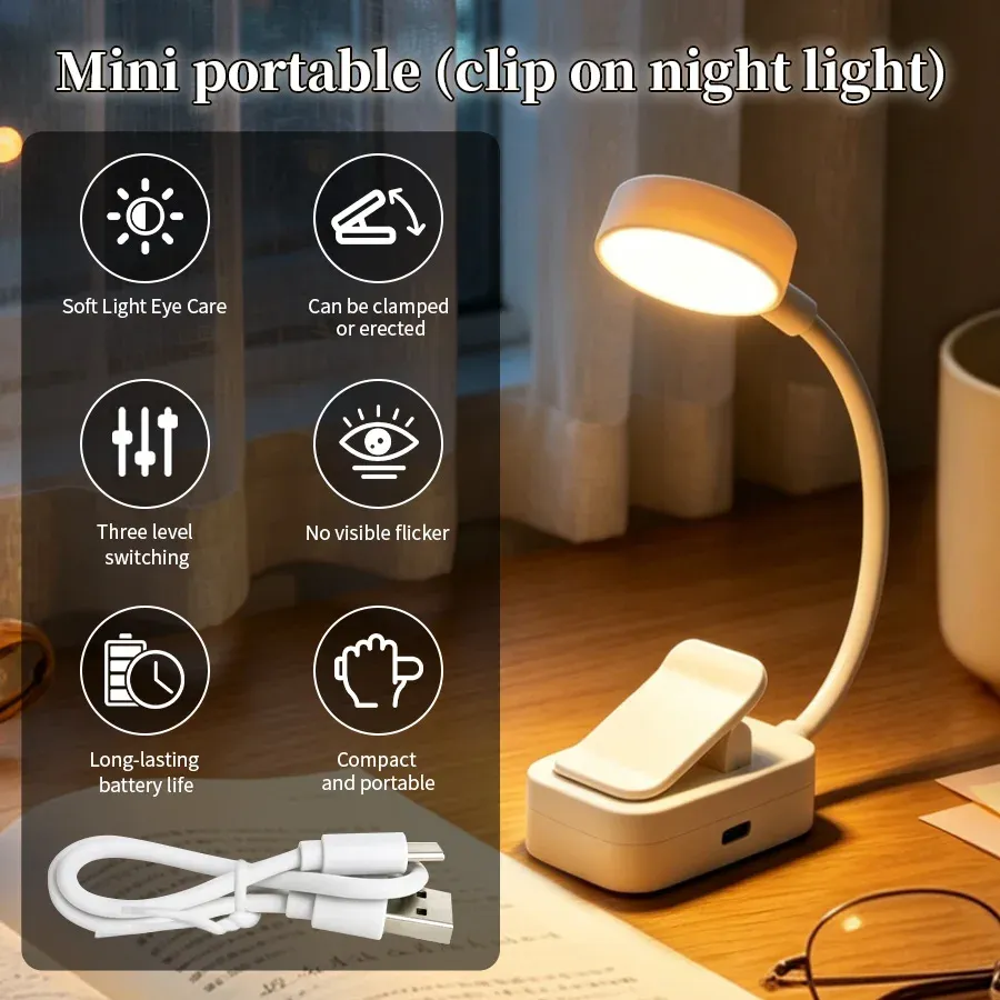 Lampe de lecture LED rechargeable à pince, col de cygne flexible, 3 niveaux de luminosité 8