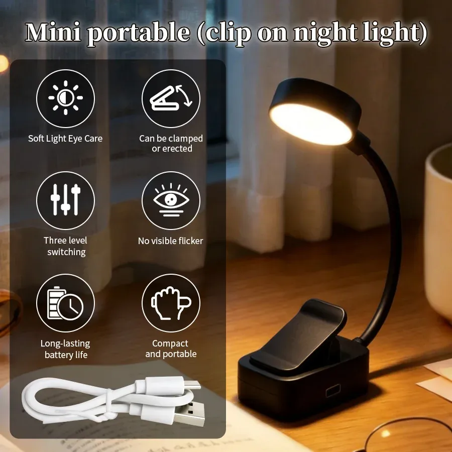 Lampe de lecture LED rechargeable à pince, col de cygne flexible, 3 niveaux de luminosité 7