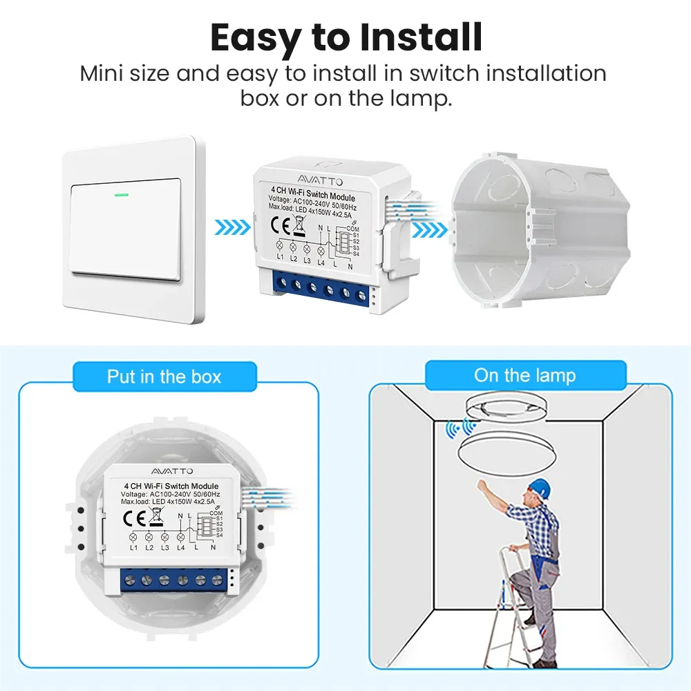 AVATTO Interrupteur Intelligent WiFi 1/2/3/4 Voies, Module DIY de Commande d'Éclairage, Contrôle Bidirectionnel, Compatible Tuya, Alexa et Google Home 3