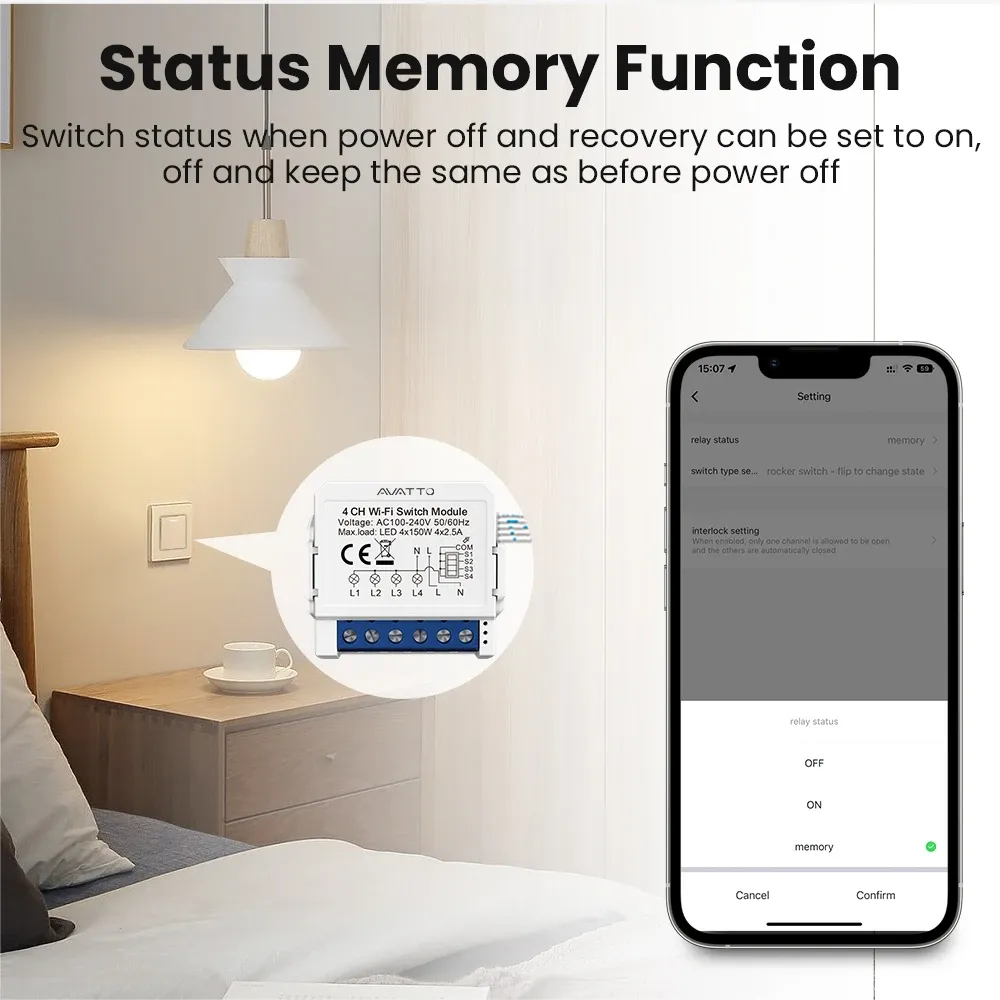 AVATTO Interrupteur Intelligent WiFi 1/2/3/4 Voies, Module DIY de Commande d'Éclairage, Contrôle Bidirectionnel, Compatible Tuya, Alexa et Google Home 5