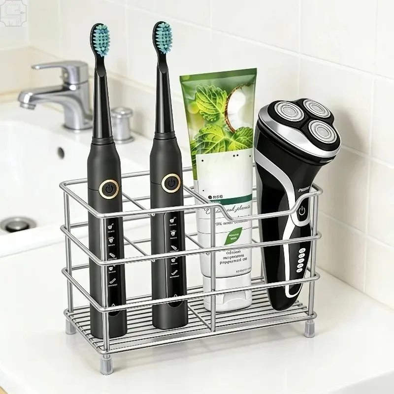 Porte-brosses à dents en acier inoxydable 5 emplacements, design autoportant et compact pour salle de bain 5