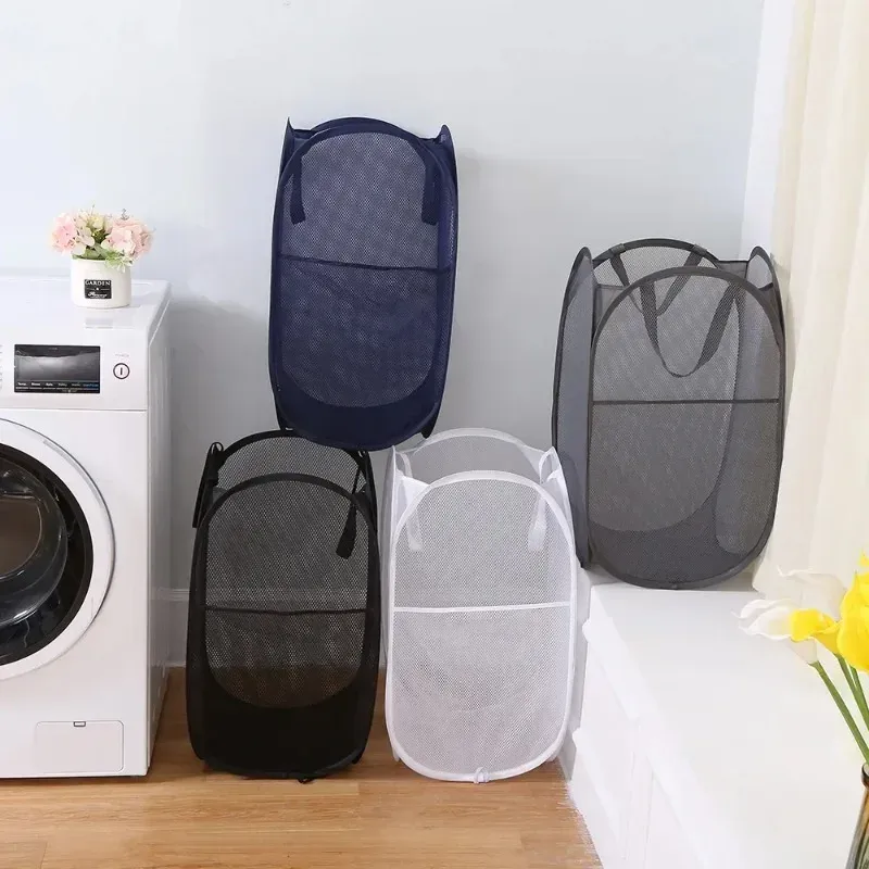 Panier à linge pliable de grande capacité en maille pour salle de bain, organisateur portable 4